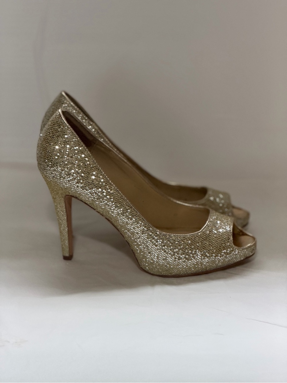 White House Black Market Gold Glitter Peep-Toe Pumps